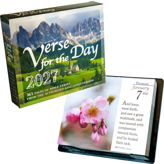 2027 Verse for the Day calendar box with open daily KJV calendar and floral page.