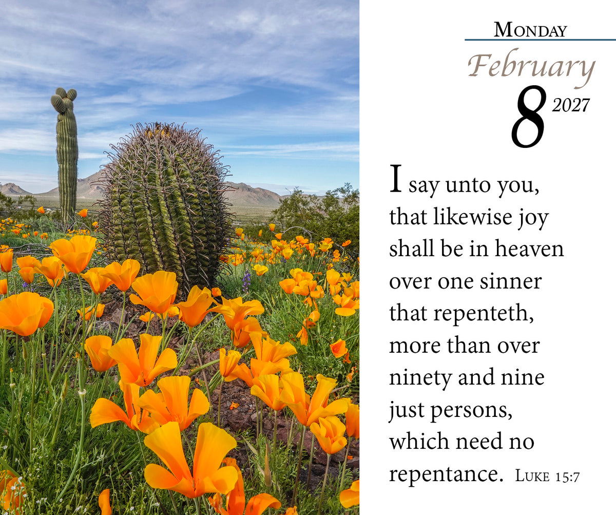2027 KJV Verse of the Day page with cactus and wildflowers and Luke 15:7.