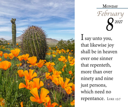 2027 KJV Verse of the Day page with cactus and wildflowers and Luke 15:7.