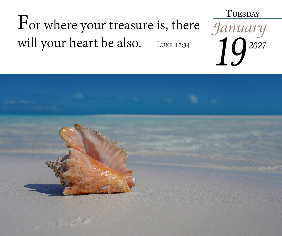 2027 KJV daily calendar page with seashell photo and Luke 12:34.
