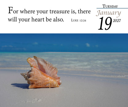 2027 KJV daily calendar page with seashell photo and Luke 12:34.