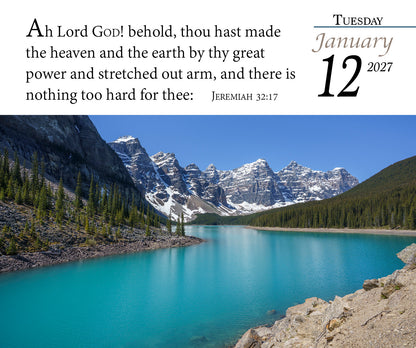 2027 KJV Scripture calendar page with mountain lake photo and Jeremiah 32:17.