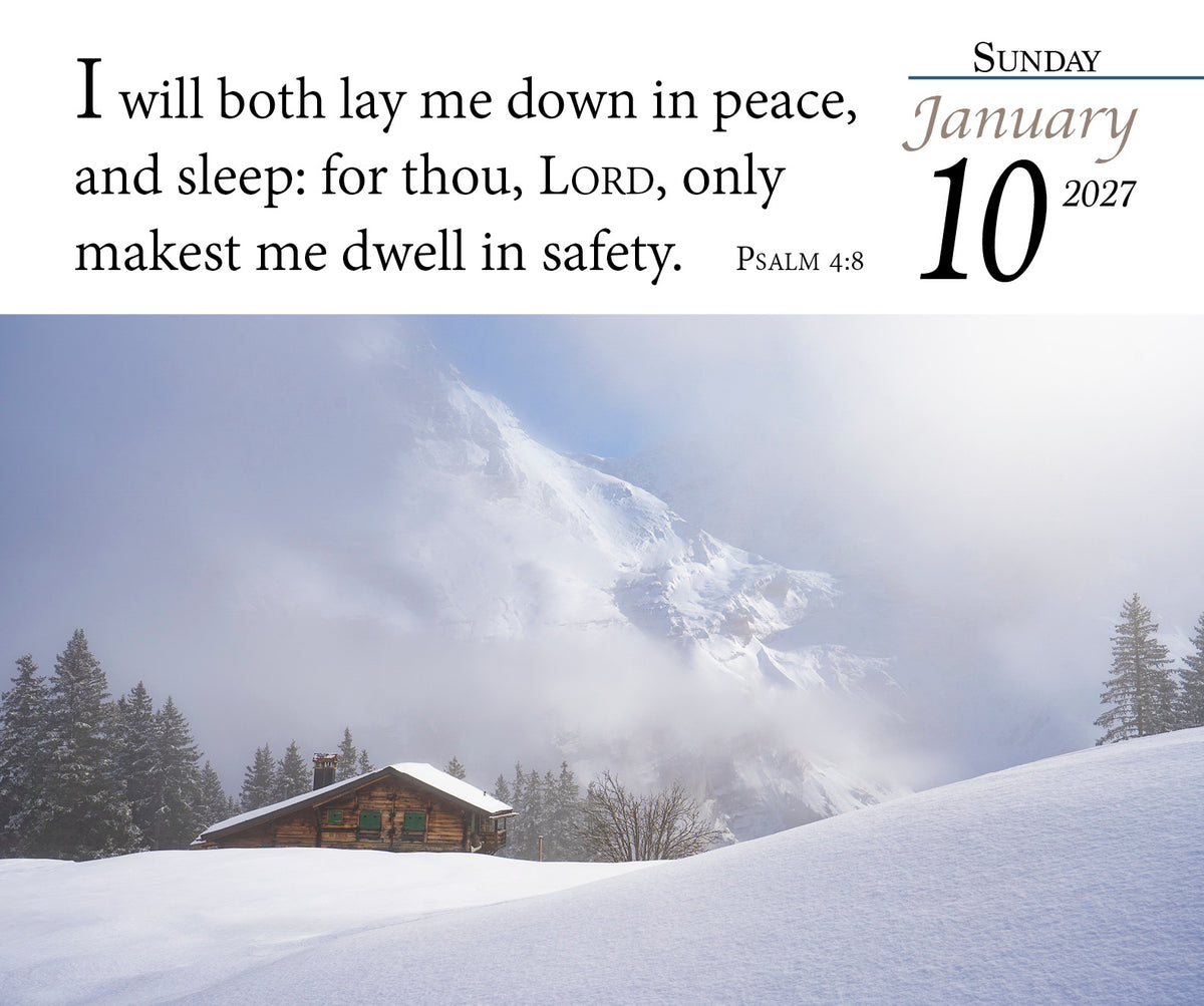 2027 KJV calendar page with snowy cabin scene and Psalm 4:8.