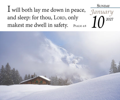 2027 KJV calendar page with snowy cabin scene and Psalm 4:8.