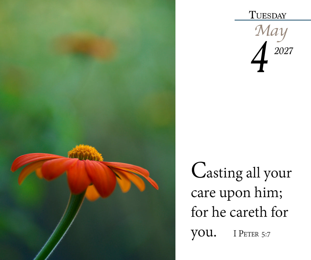 2027 KJV Verse of the Day Calendar page with orange flower and 1 Peter 5:7.