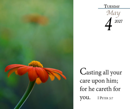 2027 KJV Verse of the Day Calendar page with orange flower and 1 Peter 5:7.