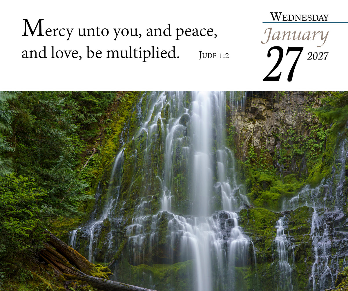 2027 KJV daily calendar page with waterfall photography and Jude 1:2.
