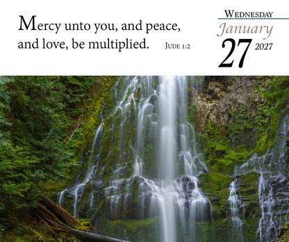2027 KJV daily calendar page with waterfall photography and Jude 1:2.