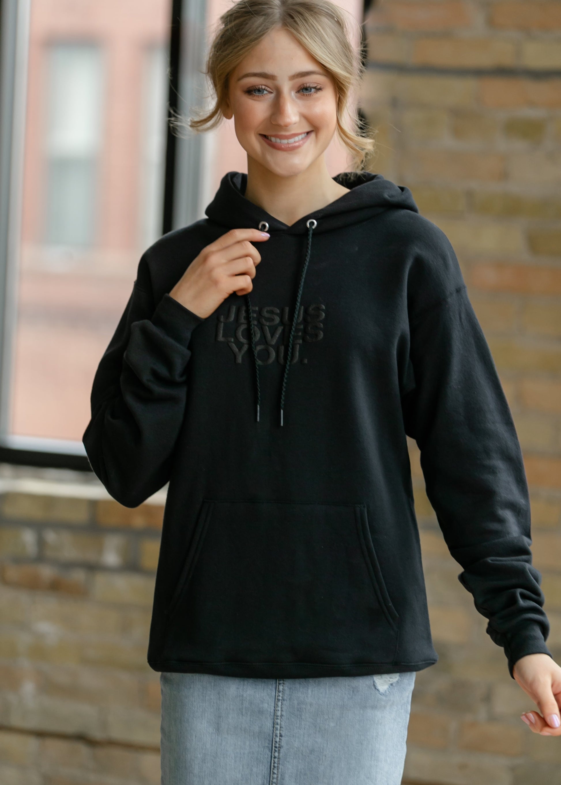 3-D Jesus Loves You Graphic Hoodie FF Tops