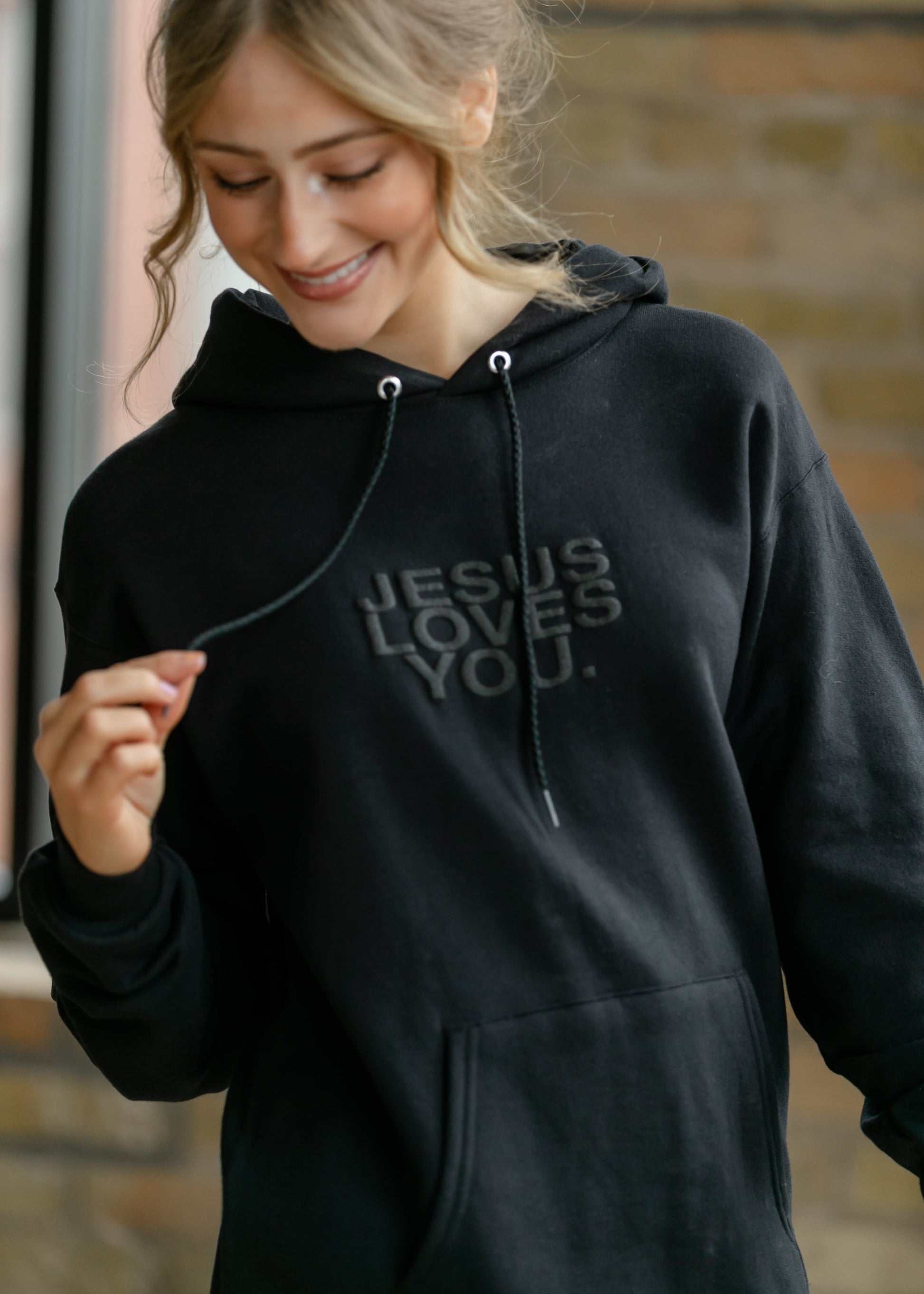 3-D Jesus Loves You Graphic Hoodie FF Tops