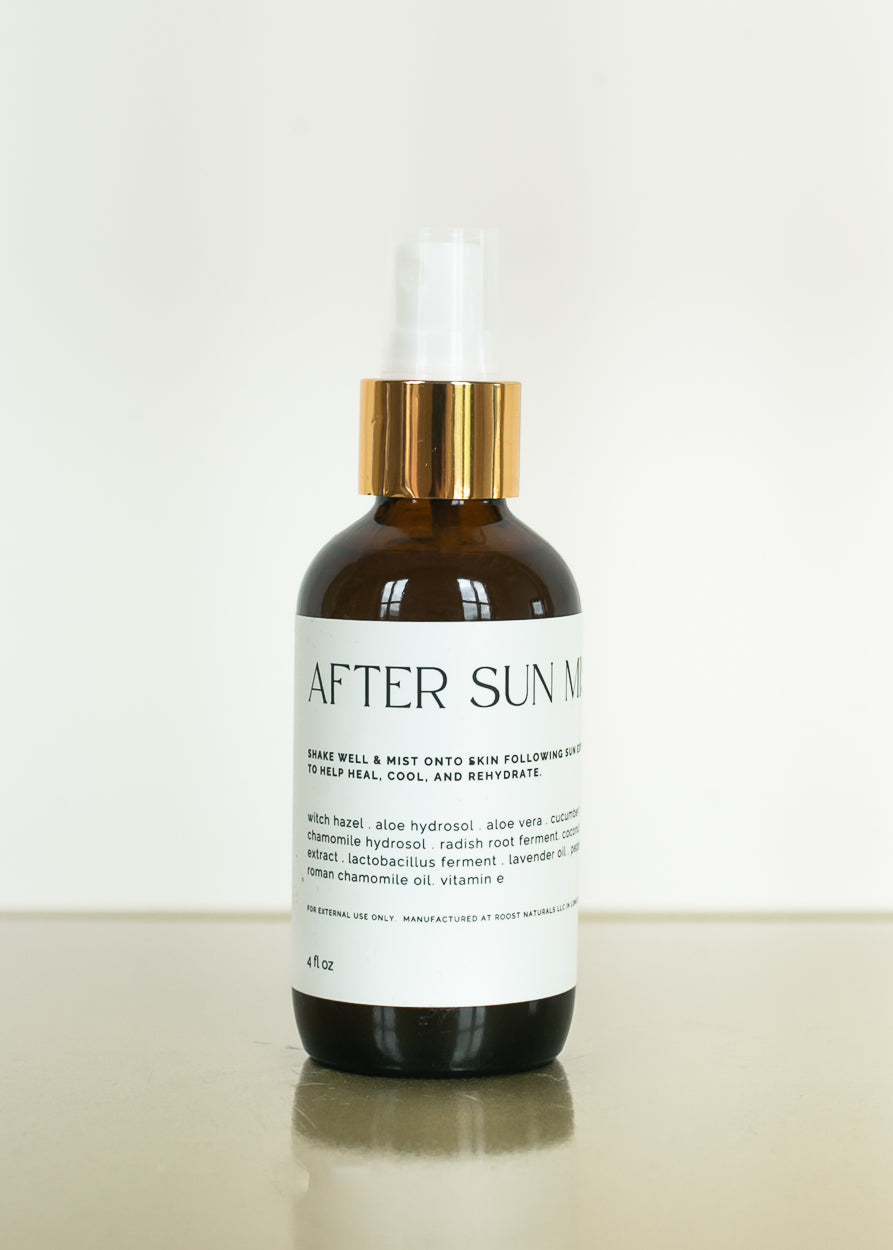 After Sun Mist in amber glass spray bottle with aloe-based cooling skincare formula