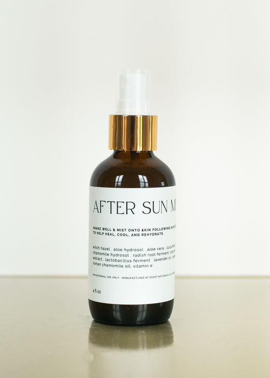 After Sun Mist in amber glass spray bottle with aloe-based cooling skincare formula