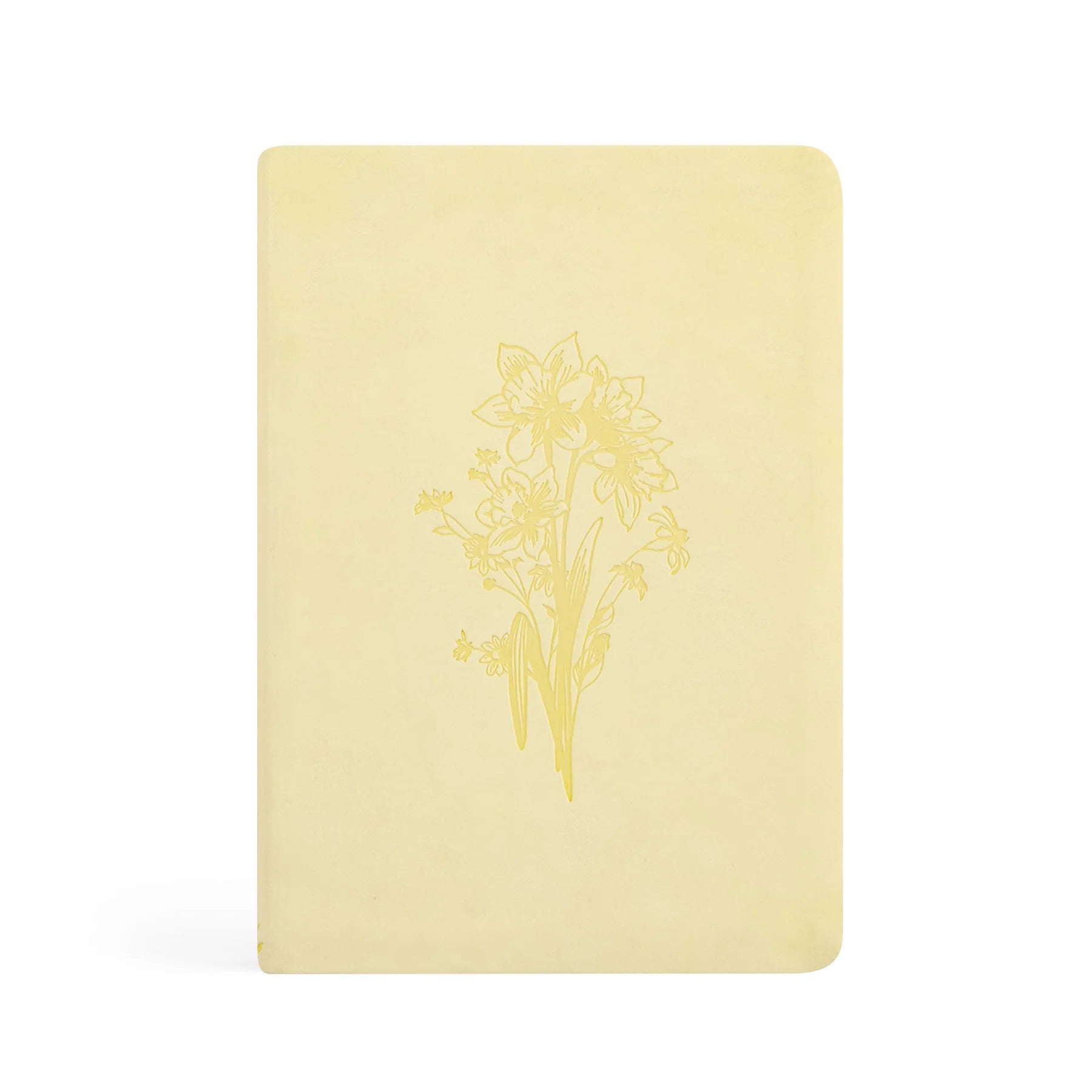 Butter-yellow Hosanna Revival Belfast notebook front cover and spine with a gold daffodil bouquet design.