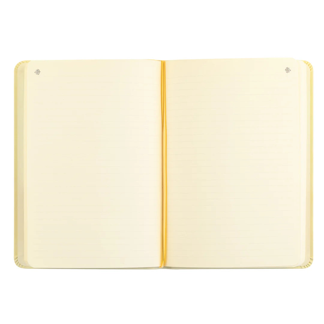 Belfast notebook opening pages with a gold daffodil sketch, a date started prompt, and a "the notebook of" nameplate.