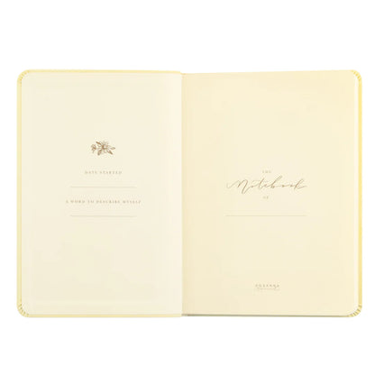Belfast notebook opening pages with a gold daffodil sketch, a date started prompt, and a "the notebook of" nameplate.