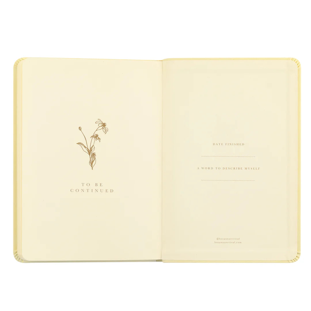 Belfast notebook opening pages with a gold daffodil sketch, a date started prompt, and a "the notebook of" nameplate.