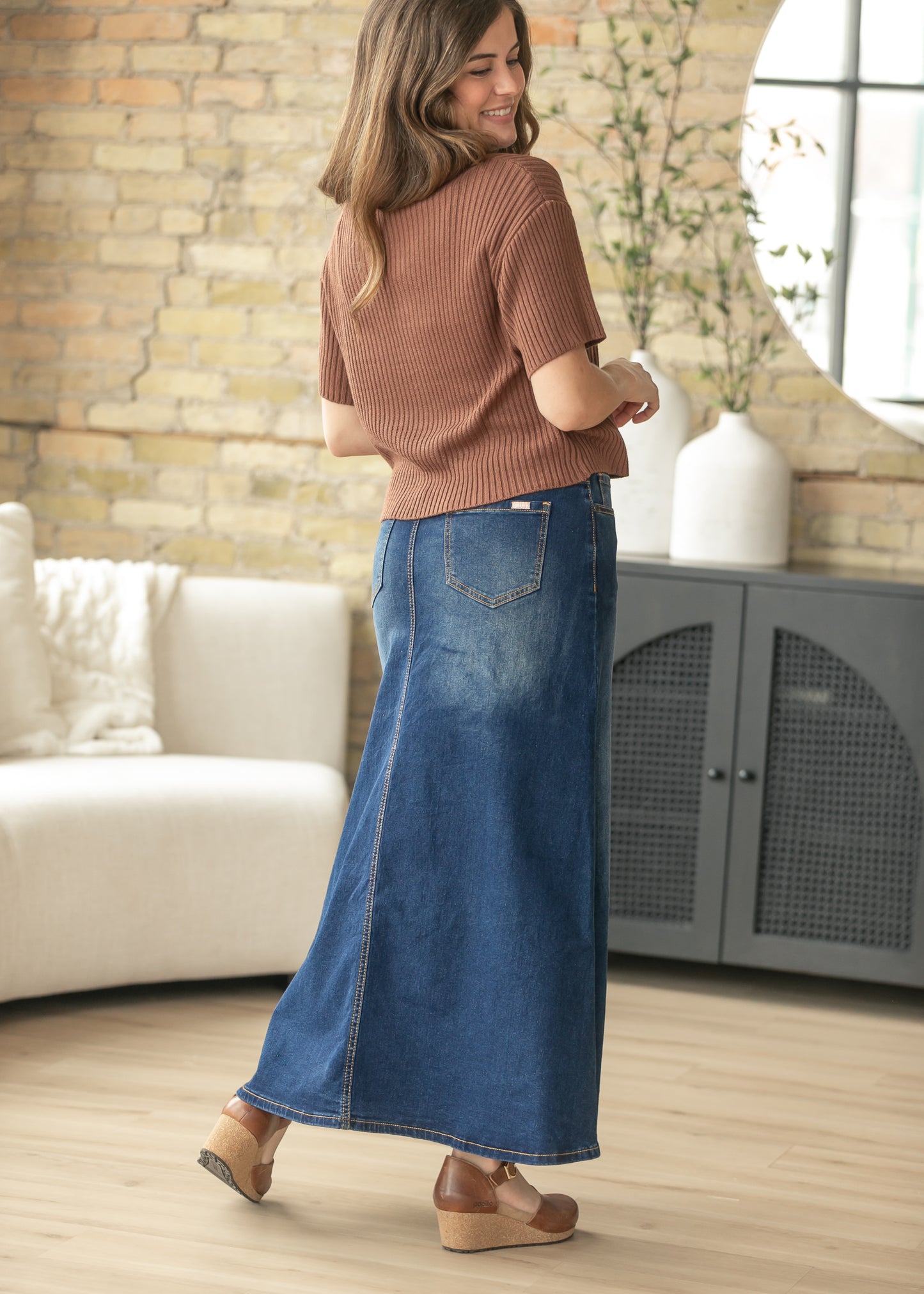 Bethany Dark Wash A-line Long Denim Skirt