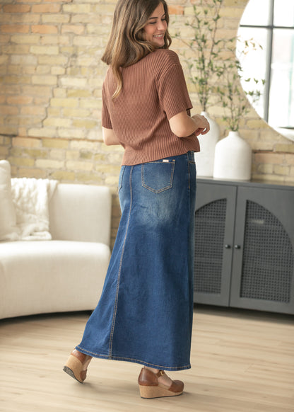 Bethany Dark Wash A-line Long Denim Skirt