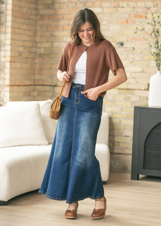 Bethany Dark Wash A-line Long Denim Skirt