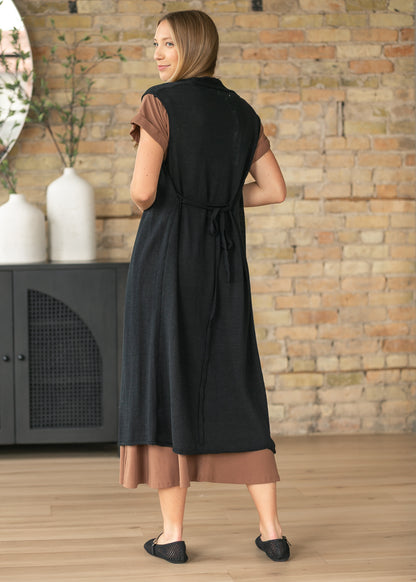 Black Sleeveless Belted Cardigan