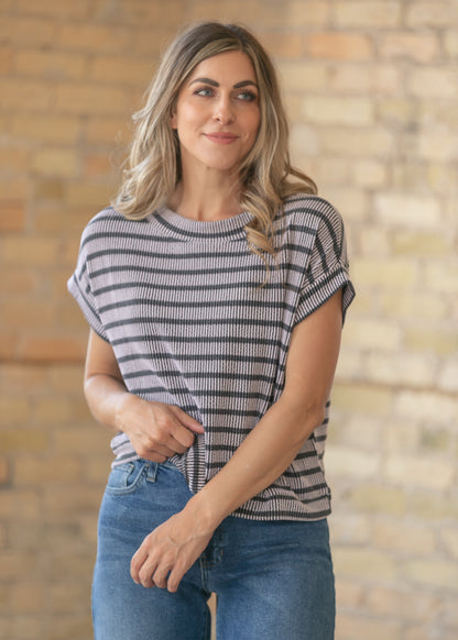 Black Striped Rib Knit Dolman Top