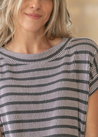 Black Striped Rib Knit Dolman Top