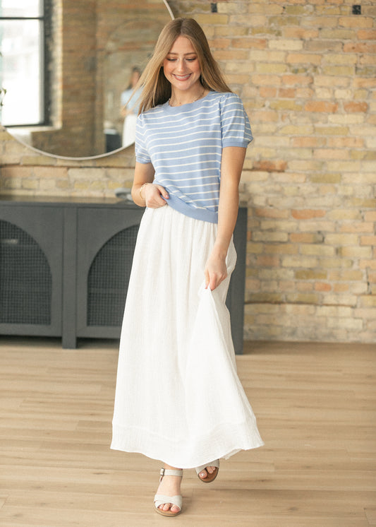 Blue Stripe Puff Sleeve Top FF Skirts