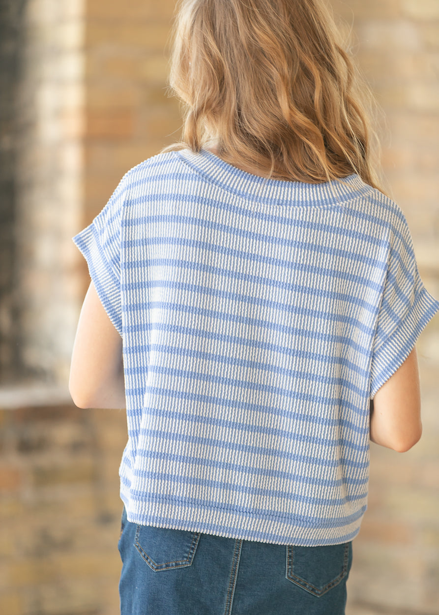 Blue Striped Rib Knit Dolman Top