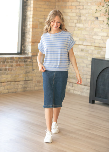 Blue Striped Rib Knit Dolman Top