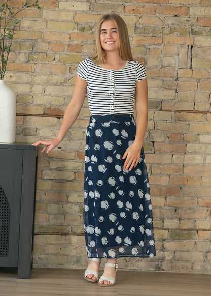 Braylyn Navy Watercolor Floral Midi Skirt