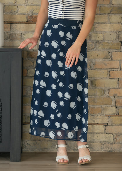 Braylyn Navy Watercolor Floral Midi Skirt