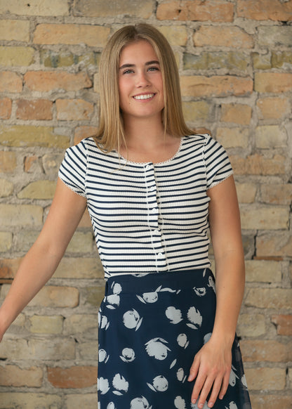 Free People navy and white striped cardigan with cap sleeves and functional button front detail