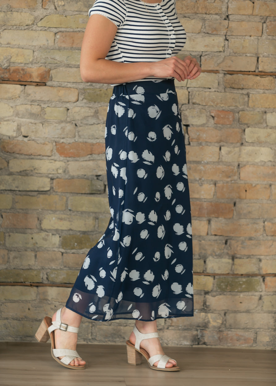 Braylyn Navy Watercolor Floral Midi Skirt