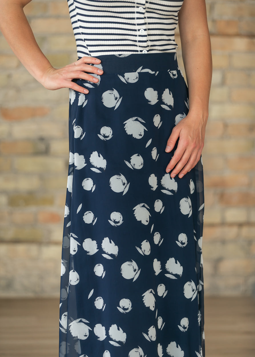 Braylyn Navy Watercolor Floral Midi Skirt