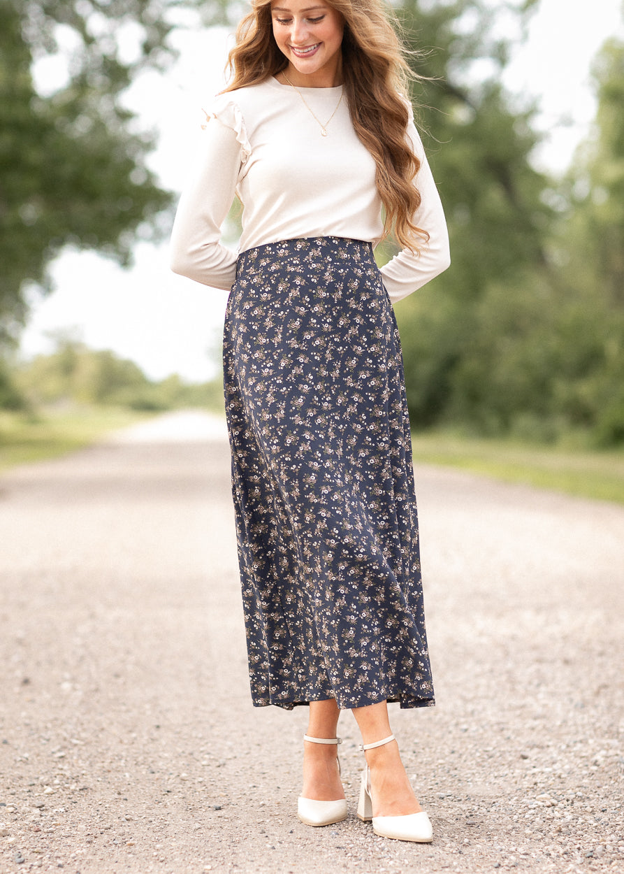 Braylyn Navy Floral Midi Skirt