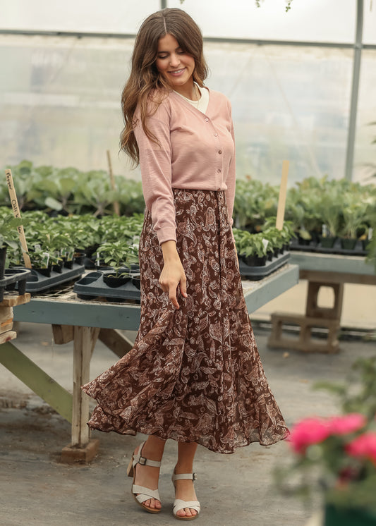 Brown paisley maxi skirt with lightweight flowing silhouette