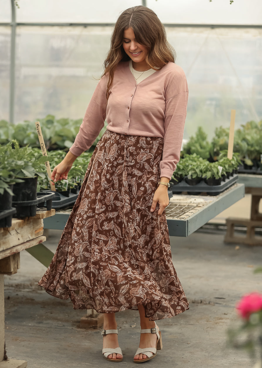 Brown and cream paisley maxi skirt with flowy movement