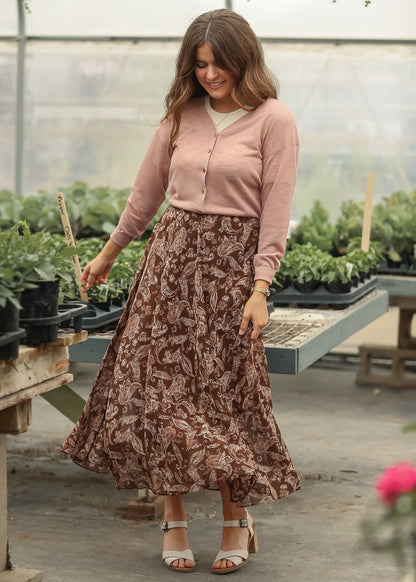 Brown and cream paisley maxi skirt with flowy movement