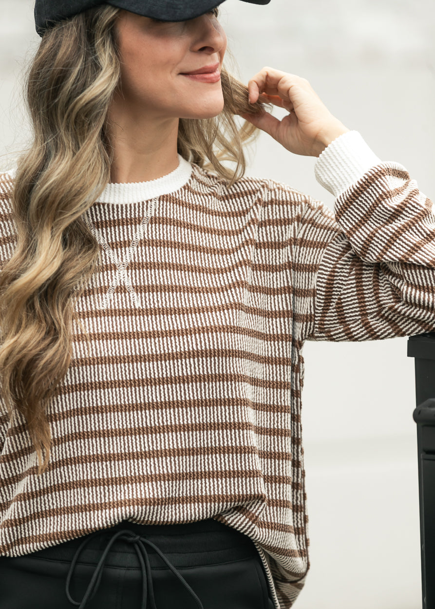 Close-up of brown ribbed pullover showing cream neckline, cuff trim, and textured stripe pattern.
