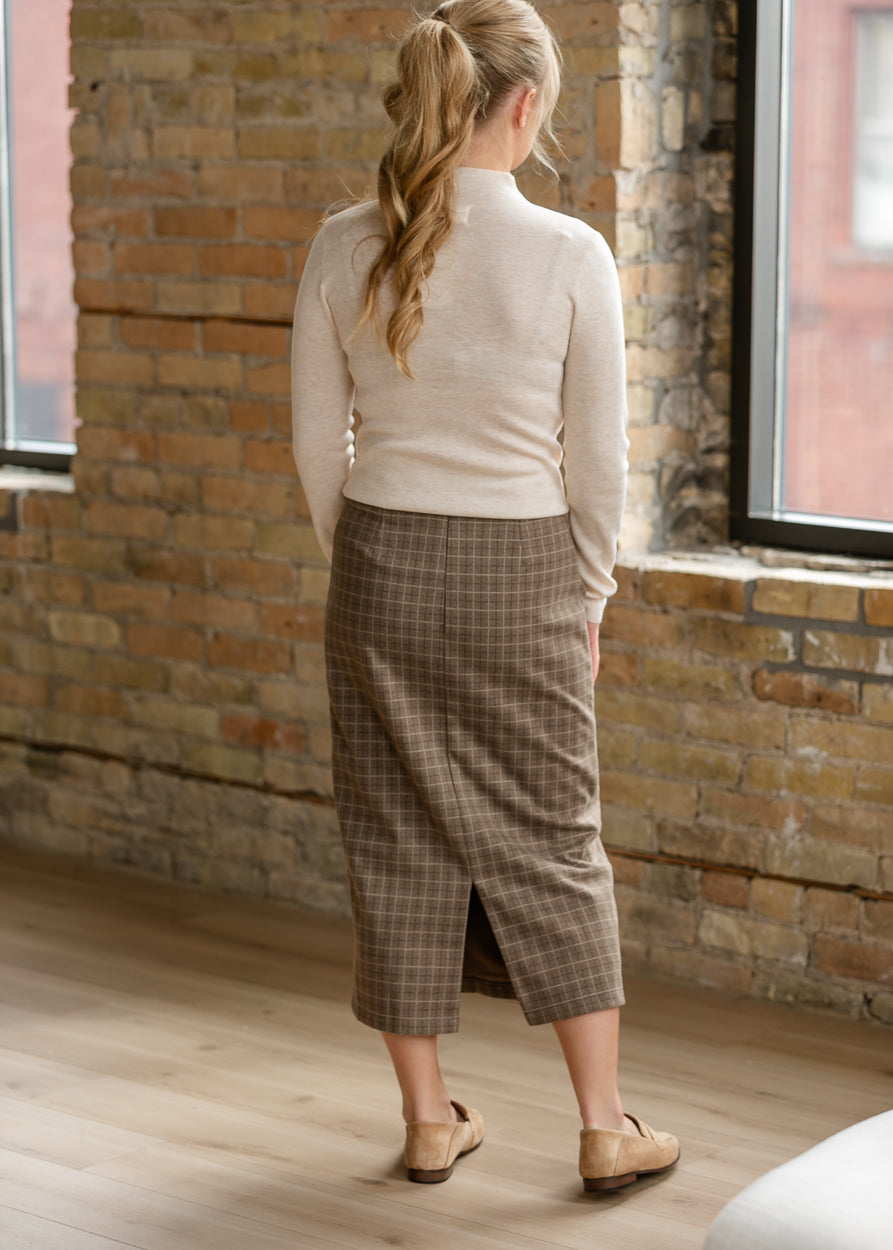 Calista Brown Plaid Wool Midi Pencil Skirt