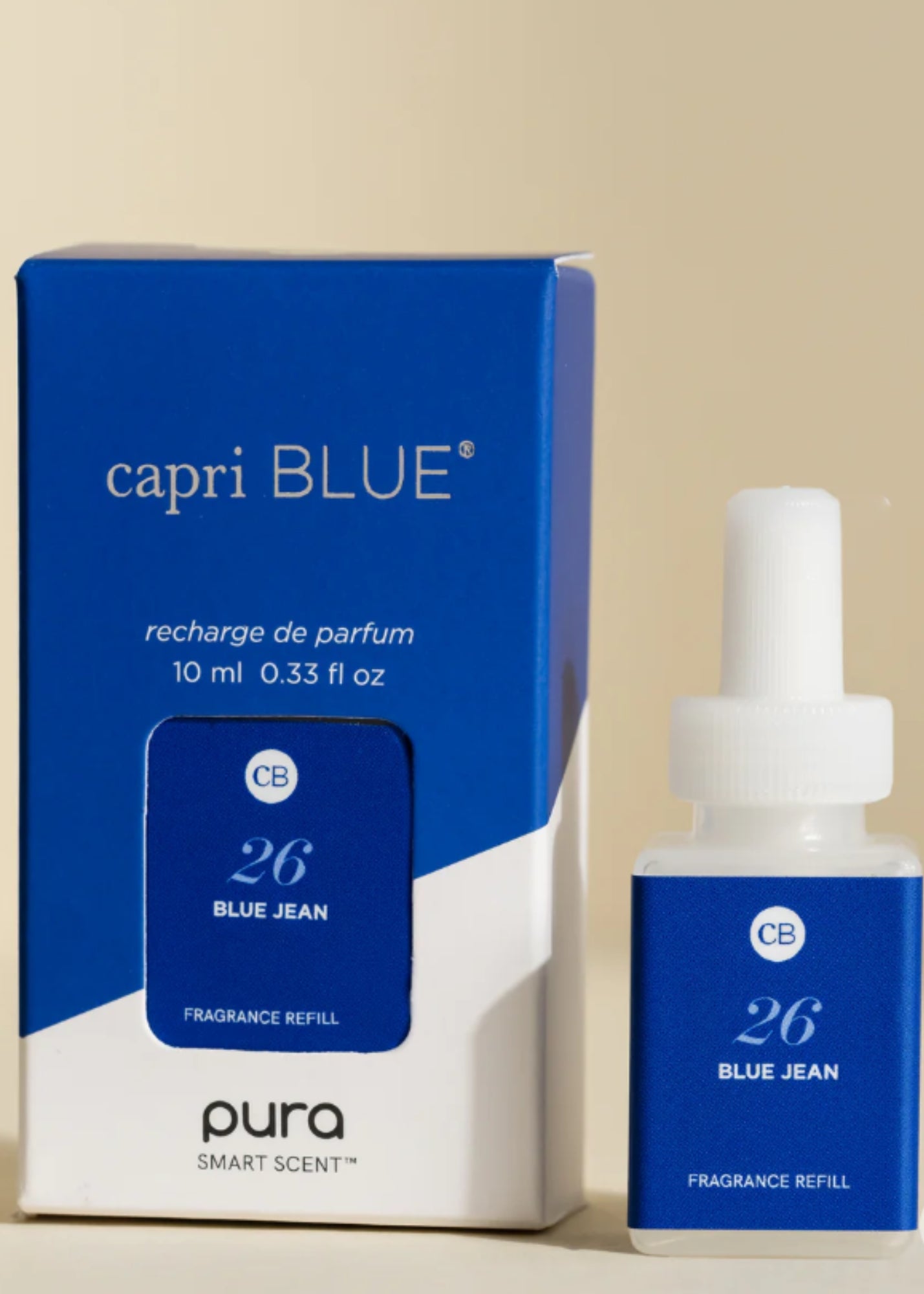 Capri Blue Blue Jean Pura fragrance refill with cobalt blue packaging and diffuser bottle
