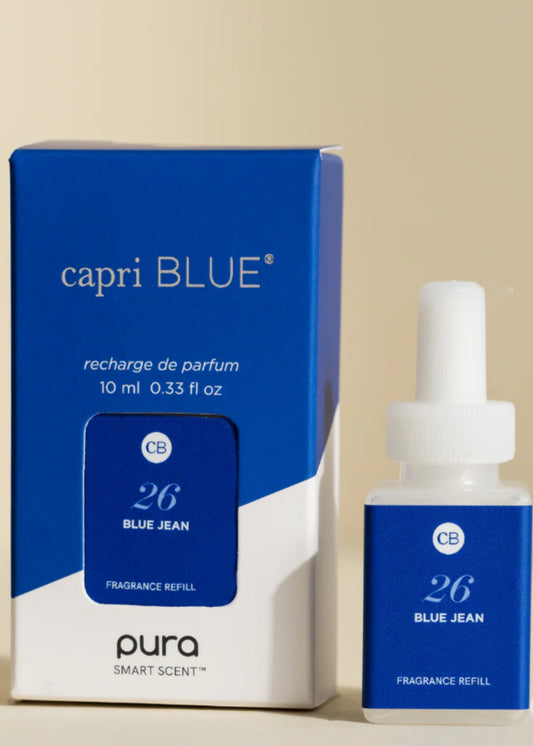 Capri Blue Blue Jean Pura fragrance refill with cobalt blue packaging and diffuser bottle