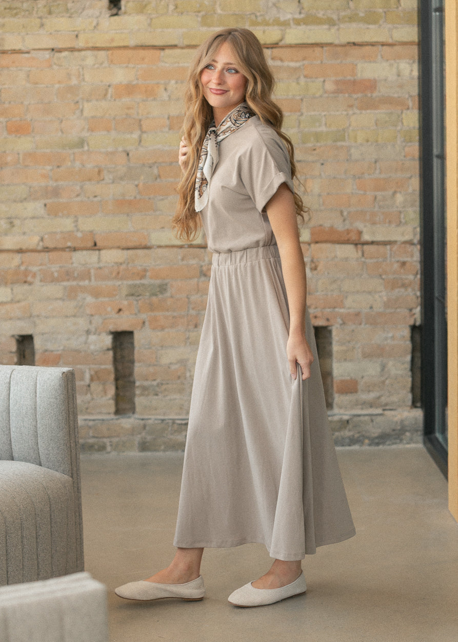 Casey Taupe Cap Sleeve A-line Midi Dress