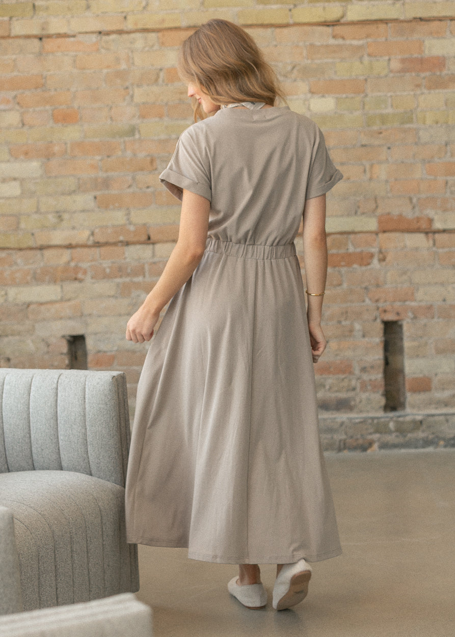 Casey Taupe Cap Sleeve A-line Midi Dress