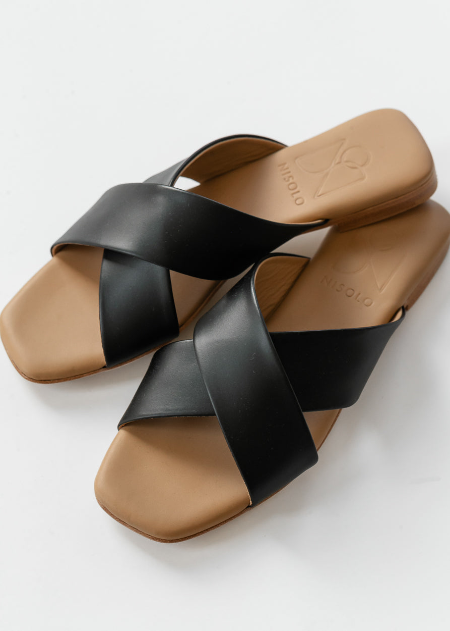 Flat black sandals with minimalist crisscross upper straps