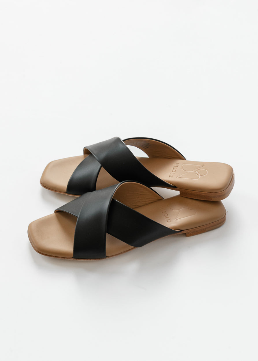 Black crisscross slide sandals with flat sole and open toe design