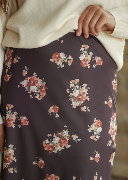 Close-up of charcoal fabric with cream, rust, and muted floral print