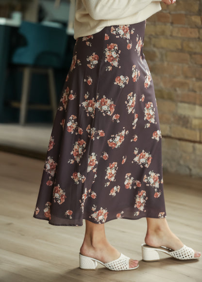 Close-up of charcoal fabric with cream, rust, and muted floral print