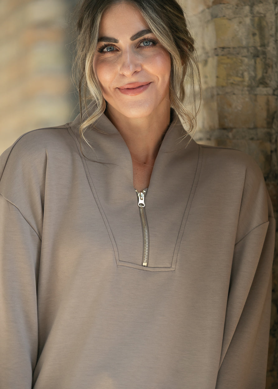 Detail shot of the quarter zip pull and stand collar on the cocoa sweatshirt.