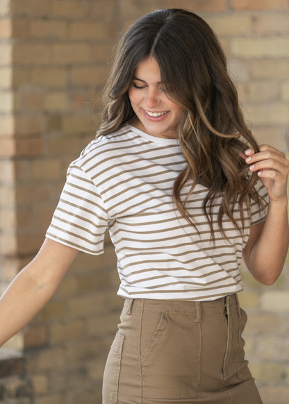 Crew Taupe Striped Relaxed Basic T Shirt